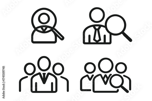 Search People Icon Set, Employee Search Vector Illustration with Transparent Background, Business Team and Group Analysis Icons, Modern Corporate and HR Symbols
