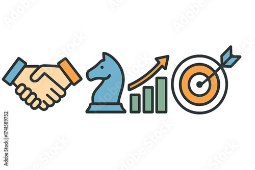 Win-win business handshake, strategic planning, growth chart, chess strategy icon, target achievement, marketing success concept vector illustration