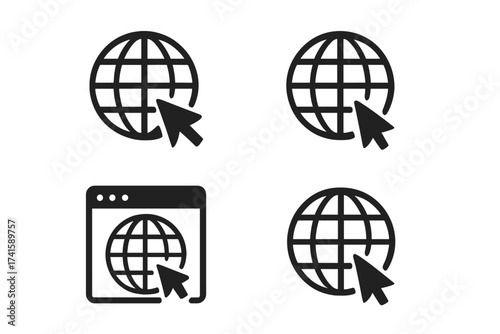 Set of Internet and Website Icons with Cursor Arrow, Global Connection Symbols, Vector Illustrations with Transparent Background, Web Navigation and Online Access Concept in Black