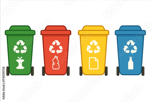 Segregate waste recyclables trash in colored bins. Garbage separation with green organic, red plastic, yellow paper, blue glass recycle containers. Waste management concept vector illustration.