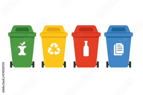 Waste segregation and recycling bins set with distinct trash symbols. Garbage sorting containers for eco-friendly disposal of organic, plastic, glass, and paper waste. Vector illustration.