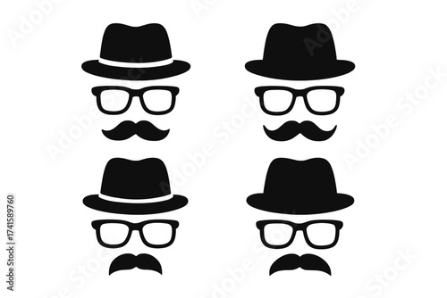 Gentleman icon set. Man with glasses, fedora hat, and mustache silhouette. Vector collection for anonymous, incognito, detective, or spy concept. Retro hipster face design.