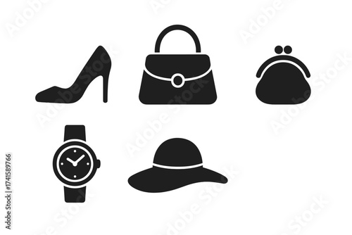 Woman fashion accessories icon set with high heels, handbag, coin purse, wristwatch, and wide-brim hat silhouette in black vector illustration with transparent background elegant feminine style
