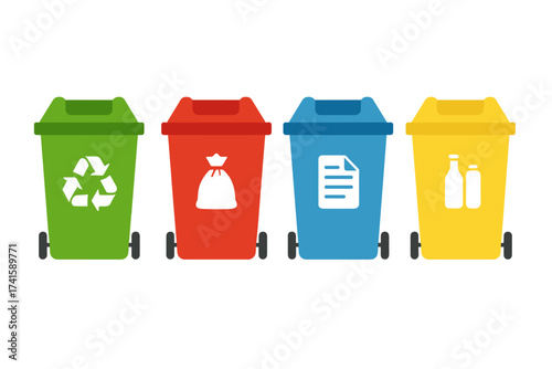Waste segregation and recycling bins set with trash icons for garbage sorting, eco-friendly disposal, and sustainable waste management vector illustration