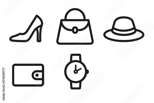 Woman Fashion Accessories Icon Set with Heels, Handbag, Purse, Watch, and Hat Vector Illustration in Minimalist Black Line Design on Transparent Background