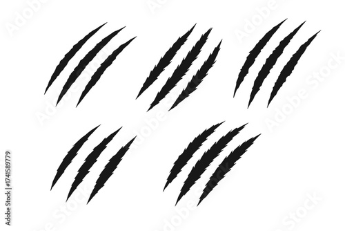 Claw scratches vector set. Animal claw marks illustration. Tiger, bear, or lion paw slashes. Monster rip or tear effect. Aggressive wildlife attack. Halloween horror design.