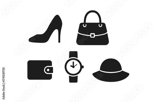 Woman fashion accessories icon set including high heels shoe, elegant handbag, wallet, wristwatch, and wide brim hat vector illustration in black silhouette style with transparent background