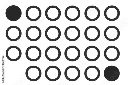Set of Partially Filled Circle Icons from 0 to 100 Percent, Vector Circular Shape Symbols, Progress Indicators, Transparent Background, Ordered Fill Percentage Visualization