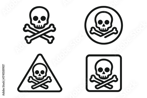 Skull and Bones Toxic Warning Symbols Vector Set, Poison Hazard Signs with Transparent Background, Danger Skull Icons in Circle, Triangle, and Square Frames, Safety Alert Graphics