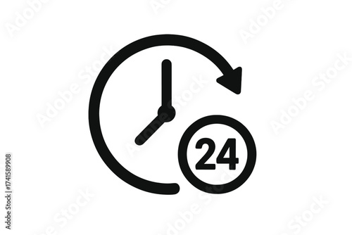 24 hours clock icon vector. Open 24/7 service and support sign. Always available symbol. Around the clock, nonstop customer assistance concept. Time and watch graphic.