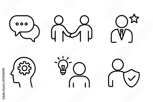 Soft skills line icon set including communication, teamwork, empathy, leadership, problem solving, creativity, time management, work ethics, professional development concepts, outline icons