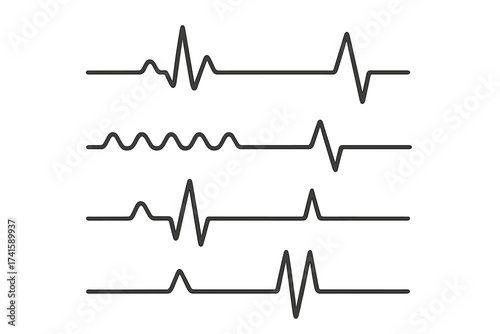 Heartbeat line vector set. EKG ECG cardiogram collection. Heart rate pulse rhythm graph. Medical, health, cardio monitor wave icon. Lifeline for hospital, emergency diagnosis.
