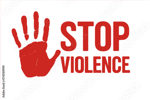 Red Stop Violence Handprint Symbol with Bold Text, Anti-Violence Protest Icon, Peace and Human Rights Concept, Safety Awareness Design, Transparent Background Vector