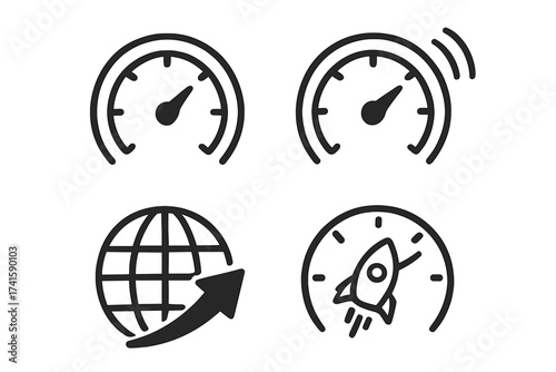 Internet speed icon set. Fast performance meter, speedometer symbol. High speed data transfer, bandwidth, broadband test. Vector network connection, boost rocket illustration.