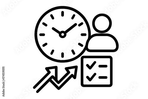 Time management and productivity icon vector, user silhouette with clock, checklist, and growth arrow, efficiency concept, business planning and goal setting, transparent background