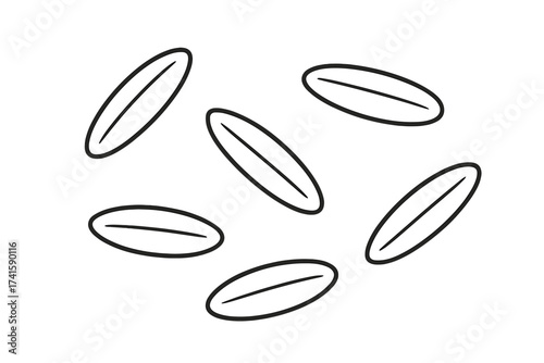 Rice grains vector icon set. Jasmine or basmati rice simple outline illustration. Raw uncooked cereal seed. Healthy food ingredient. Agriculture staple. Diet nutrition concept.