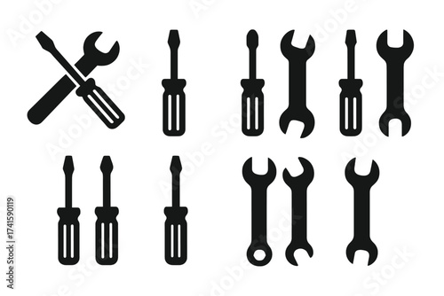 Vector tool icon set with screwdriver and wrench collection, black silhouette design on transparent background, hardware repair and maintenance symbols, organized tool graphics