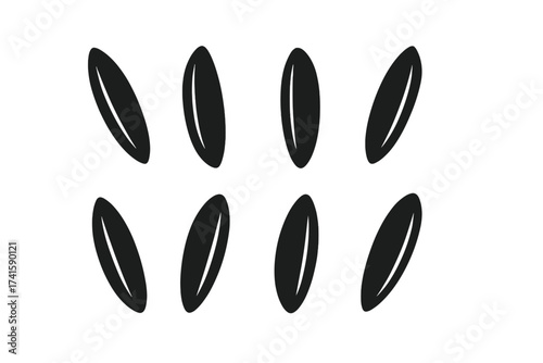 Rice grains vector icon set. Raw basmati or jasmine long grain seeds. Healthy food staple symbol. Cereal, carbohydrate, agriculture concept. Uncooked ingredient illustration.