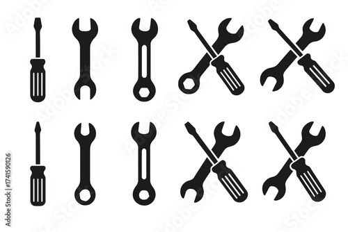 Tool icon set with screwdriver and wrench vector illustration, flat black silhouette, transparent background, repair and maintenance symbols, mechanic tools collection