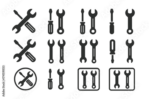 Tool icon set with screwdriver and wrench, vector illustration collection of hardware repair and maintenance tools, transparent background, ordered vector symbols for repair and construction