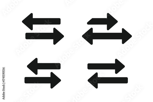 Transfer arrow icon set vector illustration, flat black arrows pointing left and right, directional symbols collection for navigation, data transfer and exchange concept