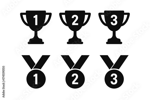 Trophy cup and medal icon set, champion winner award badges, first second third place championship prizes, victory symbols, vector illustration collection, sports competition design elements