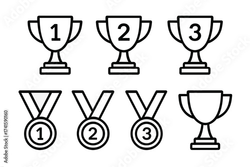 Trophy and medal icon set, champion winner award collection, first second third place symbols, championship prize icons, vector illustration in black and white outline style