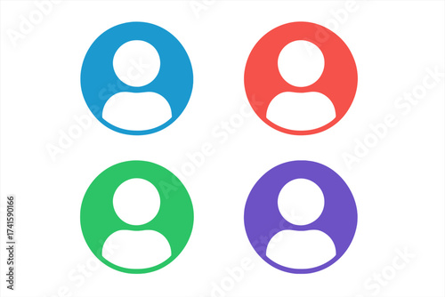 User icon vector illustration set, profile avatar symbols in colorful circles, flat design user silhouette, modern social media and app profile graphic elements, transparent background