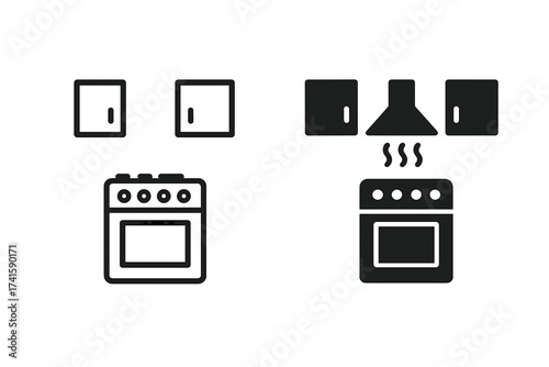 Kitchen icon set in outline and solid glyph style. Vector symbols of home appliances and furniture. Includes oven, cooker, stove, cabinet, and extractor hood for cooking concepts.