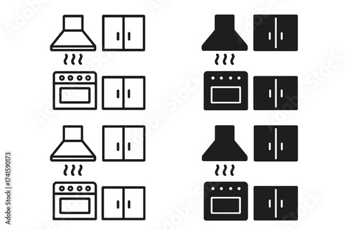Kitchen icon set vector. Outline line and solid glyph style. Oven, stove, cooker hood extractor, cabinet symbols. Home appliance, furniture for cooking. UI UX pictogram.