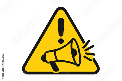 Warning message symbol with megaphone and exclamation mark. Alert vector illustration, loud announcement, attention sign, caution icon with transparent background for safety and communication.