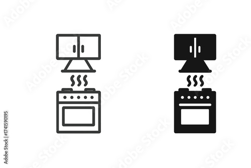 Kitchen icon set in line and solid style. Cooking concept with stove, oven, cooker hood, and cabinet. Home appliance and furniture vector symbol for web and graphic design.