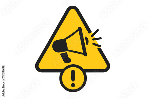 Warning sign with megaphone symbol and exclamation mark, vector illustration, yellow alert icon, loud announcement concept, attention message, caution notice design