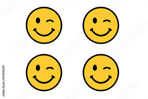 Winking smiley face icon set, cheerful yellow emoticons with wink, playful and happy expression, vector illustration with transparent background, cute wink emoji collection