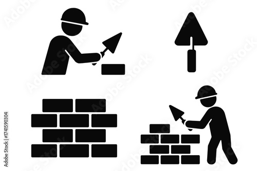 Masonry construction worker vector icon set. Bricklayer man with helmet and trowel building a brick wall. Industrial worker pictogram silhouette. Build, work, job concept.