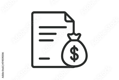 Work contract and money bag icon. Payment agreement symbol. Financial document illustration. Business contract vector with dollar sign money bag. Transparent background finance concept.