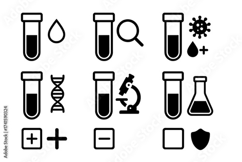 Medical test icon set. Laboratory analysis vector collection. Blood test, DNA, virus research. Microscope, test tube, positive and negative result symbols for diagnostics.