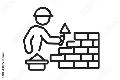 Masonry vector icon of a construction worker building a brick wall. Bricklayer with trowel and helmet. Builder symbol for industry, job, and labor. Manual work illustration.