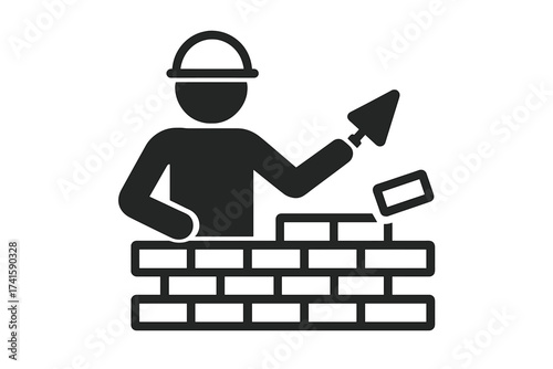 Bricklayer mason building a brick wall. Construction worker with trowel and hard hat. Masonry and building industry vector icon. Manual labor job, occupation pictogram symbol.