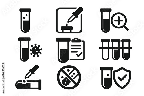 Medical lab test icon set. Test tube, pipette, virus analysis vector collection. Science research, blood sample, chemistry experiment symbols. Laboratory diagnosis results.