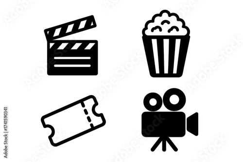 Movie cinema icons vector set with clapperboard, popcorn, ticket, and vintage camera illustration on transparent background, entertainment symbols for film fans and media lovers