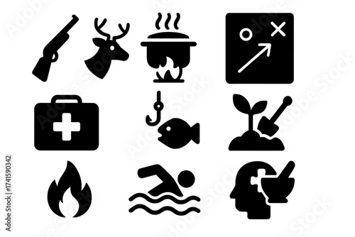 Survival Skills Icon Set with Hunting, Cooking, Planning, First Aid, Fishing, Farming, Fire, Swimming, Problem Solving, and Natural Medicine Symbols, Solid Vector Icons for Outdoor and Wilderness