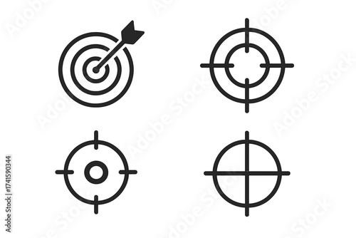Target icon set with goal, aim, and focus symbols, vector illustration collection showing precision, accuracy, dartboard, focus points, and bullseye icons on transparent background