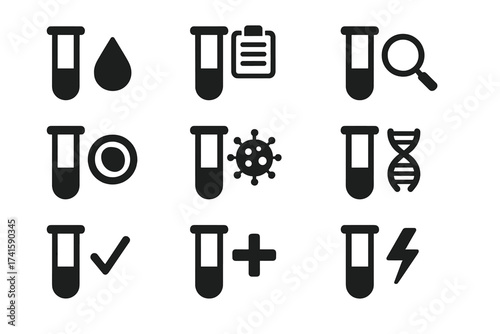 Medical test tube icon set for laboratory analysis. Blood test, DNA, virus research vector collection. Diagnostics, chemistry, and science symbols. Isolated graphic elements.