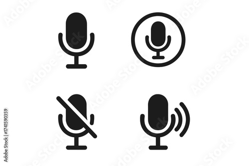 Microphone icon set for UI design. Voice record button, mic on and off, mute and unmute symbol collection. Vector audio pictogram for app, web, and podcast interface.