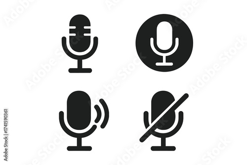 Microphone icon set for user interface design. Vector symbols for voice recording, audio communication, and sound. Includes mute, unmute, on air, and record button glyphs.