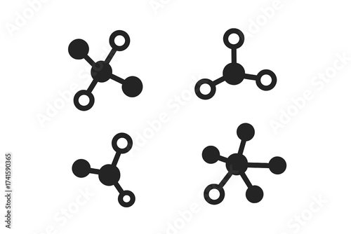 Molecule icon set. Chemical compound structure. Science and technology symbol. Atom connection, neuron network, data link vector logo. Physics, chemistry, research concepts.