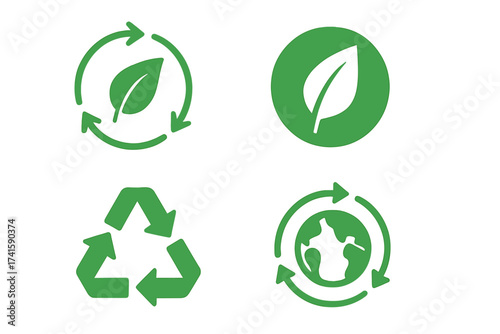 Set of eco friendly icons. Recycled, sustainable, and renewable vector signs. Green leaf and planet earth symbols for biodegradable packaging labels and environmental conservation.