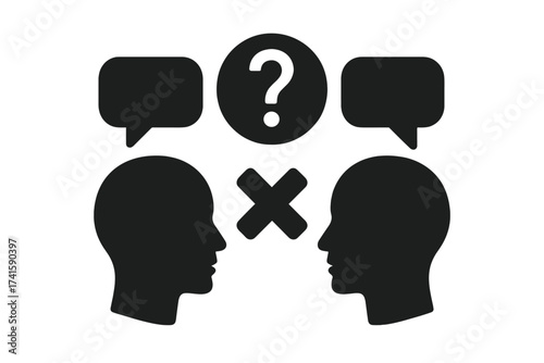 Misunderstanding and miscommunication icon. Communication breakdown, conflict, or disagreement concept. Two heads with speech bubbles, question mark, and barrier symbol.