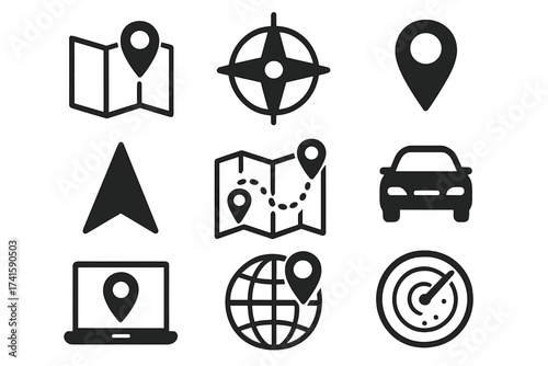 Navigation GPS vector icon set. Location mapping symbols collection. Route finding, destination pointer, travel direction signs. Includes pin, marker, compass, car, radar, globe.